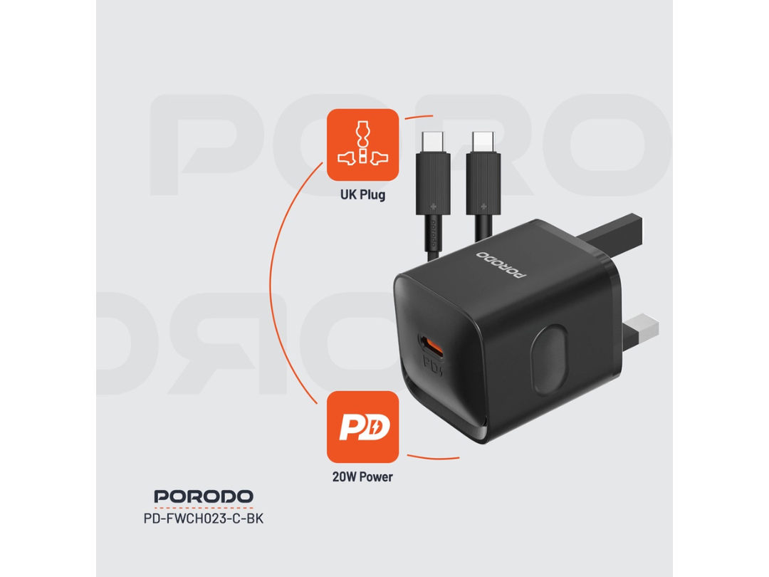 Porodo USB-C Power Delivery Wall Charger with Type-C Cable - Black Porodo USB-C Power Delivery Wall Charger with Type-C Cable - Black